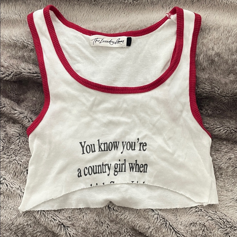 The Laundry Room White Ribbed Crop Tank with Red Trim and Script